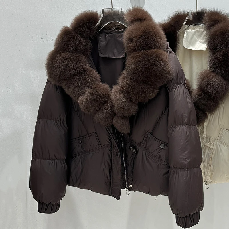 Winter Thick Warm Zipper Parker Jacket Female Natural Detachable Large Fur Collar Down Jacket Women White Duck Down Fur Outwears