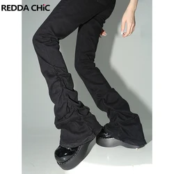 REDDACHiC-pantalones vaqueros acampanados fruncidos negros para mujer, pantalones apilados con corte de bota elásticos lisos, pantalones de tiro alto, ropa gótica Harajuku Grunge Y2k