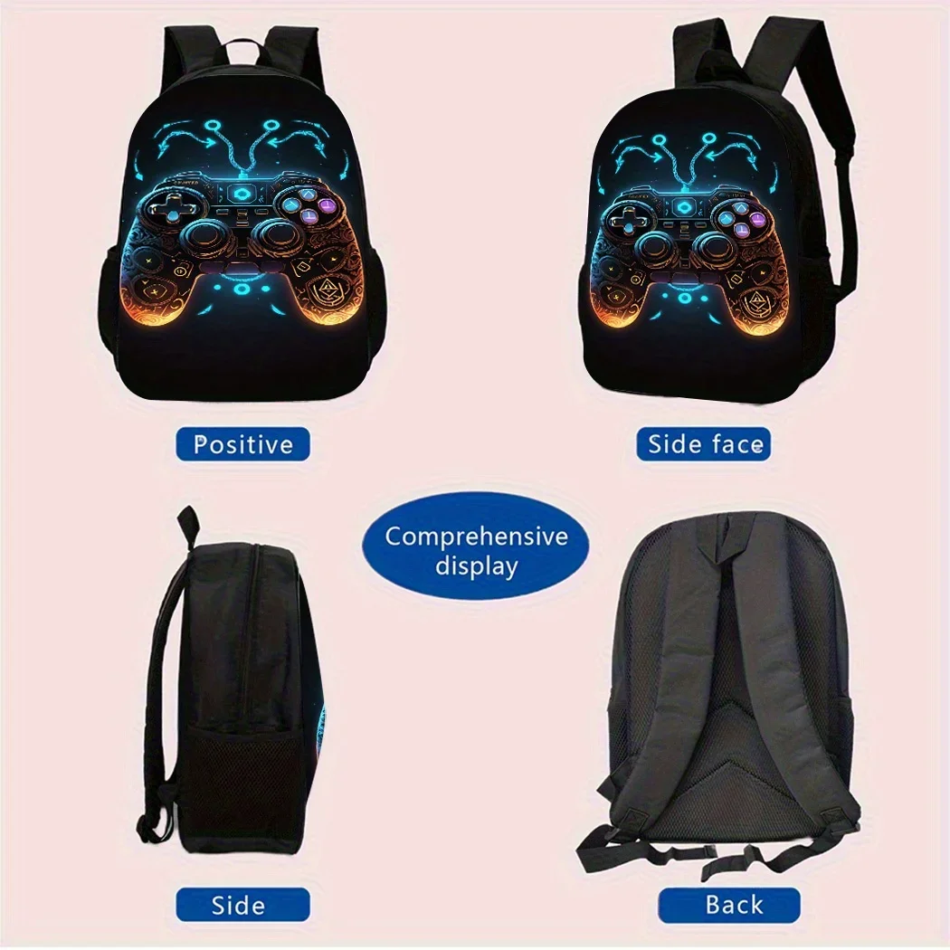 3pcs Game Controller Large Capacity Lightweight Nylon Daypack With Lunch Bag & Pencil Case, Perfect For , Travel, Or Daily Commu