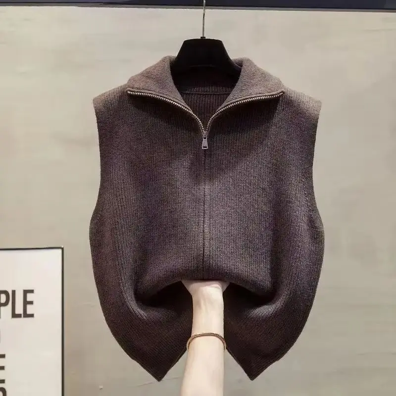 

Double Zipper Vest Women Sweater Autumn Sleeveless Sweater Vest Stand Collar Solid Color Outside The Western Style Vest Female