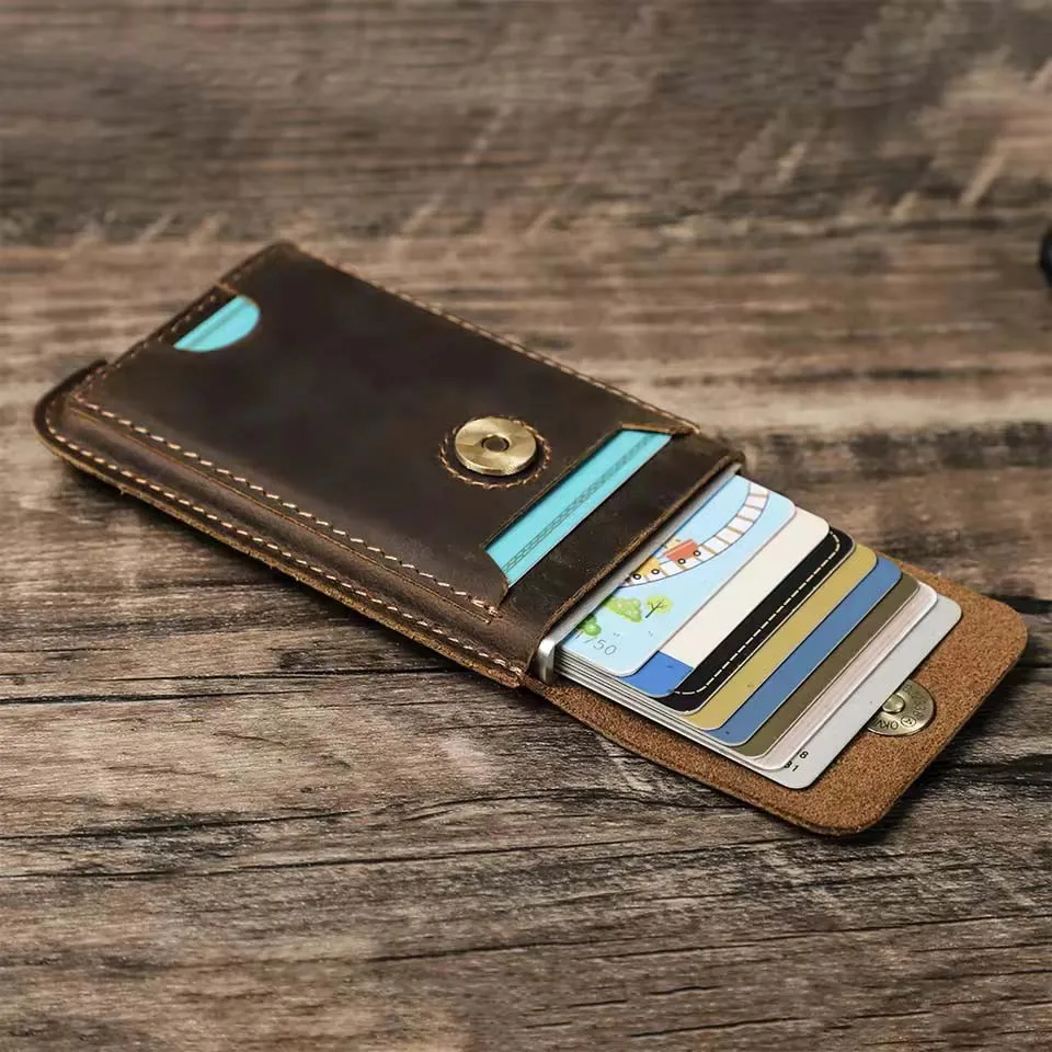 Vintage Genuine Leather RFID Blocking Card Holder Wallet for Men Luxury Card Wallet Case Aluminum Metal Slim Cardholder