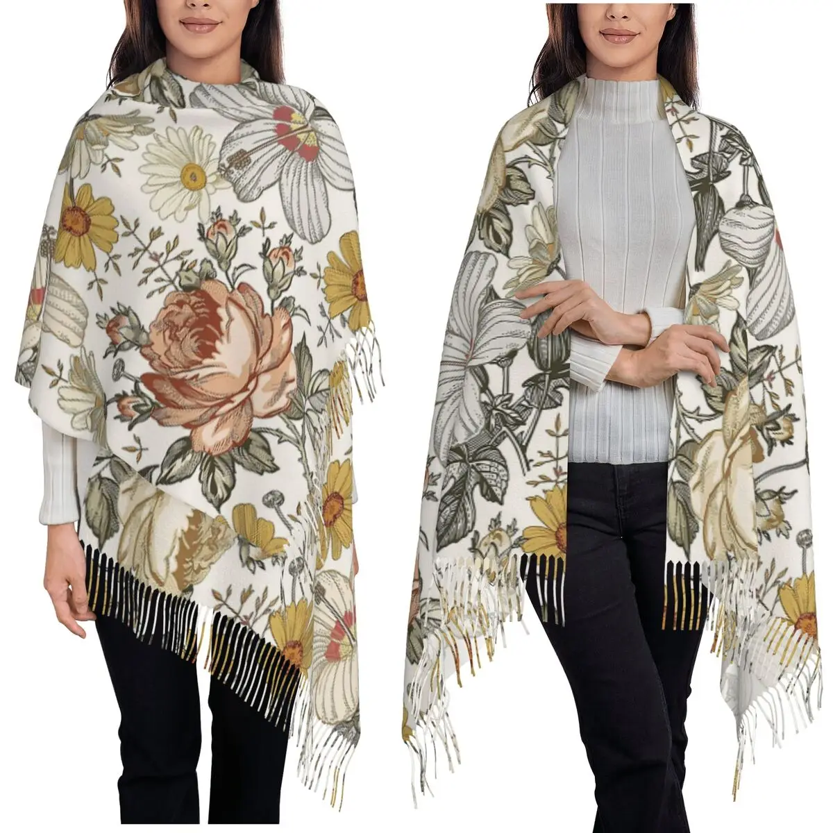 Bufandas con borlas y estampado floral de margaritas y peonías multicolores color Beige floreciente para mujer, chales y chales, chal largo