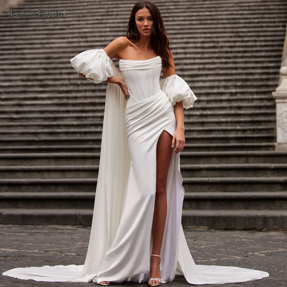 

Мягкая атласная свадебная накидка с пышными рукавами и съемным длинным шлейфом, элегантная свадебная куртка DJ227