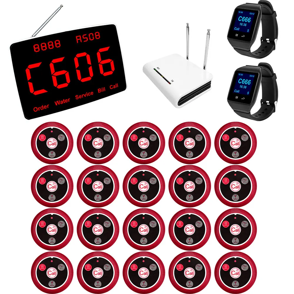 Wireless Call System 2 Waiter Watch Receiver Pagers 20 Table Call Buttons 1 Display Receiver Restaurant Cafe Clinic in Spanish