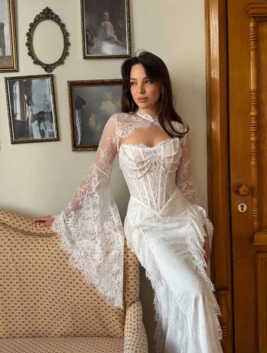 Chic Bridal Jackets High Neck Puff Bubble Sleeves Applique Lace Hollow Cutout Back Sheer Mesh Bridal Wedding Assessory