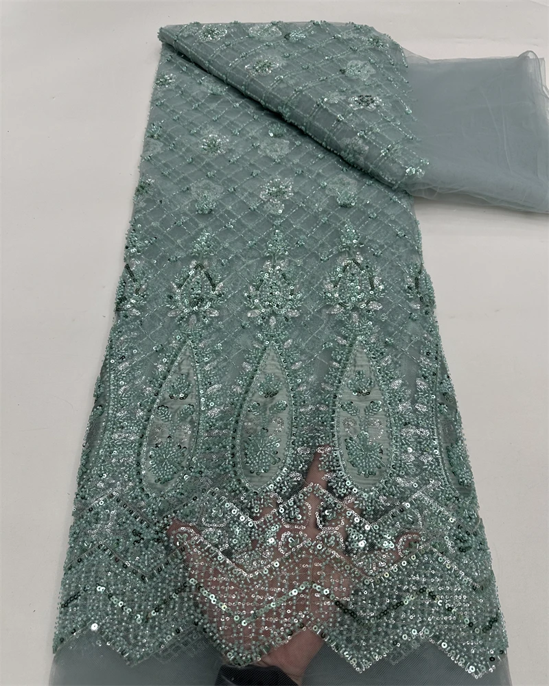 

African Beaded High Quality Nigerian Sequins With Pearl Lace French Tulle Lace Fabric For Party Dress Sewing