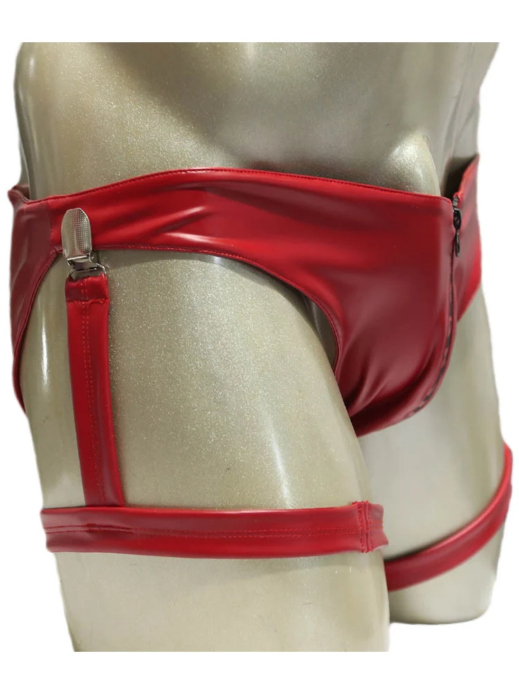 XS-XXL Double Sided PU Leather Zipper Briefs Swimming Trunks Slip Jockstrap Leg Harness Belt Faux Latex Calzoncillos Mens Bikini