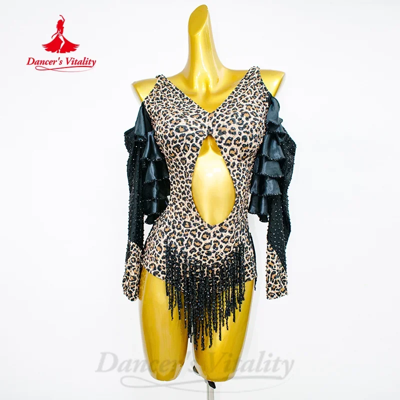 Vestidos de baile latino personalizados, vestido Sexy con estampado de leopardo y borlas, vestido de competición de Tango Samba Rumba para adultos y niños