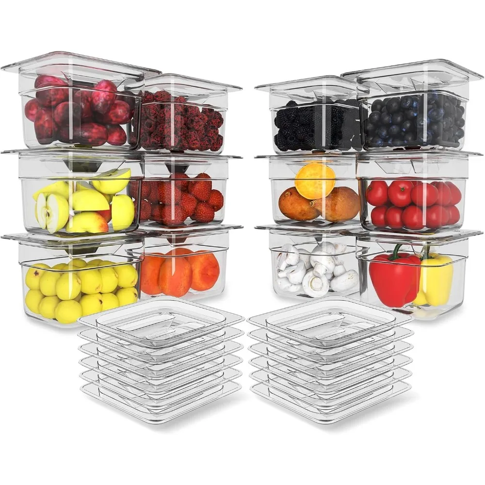 

12 Pack Clear Plastic Food Storage Containers with Lid, 1/6 Size 4 Inch Deep for Restaurant Use