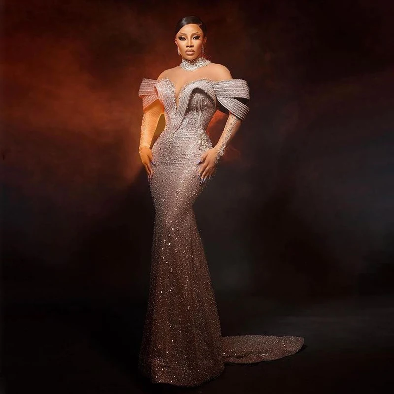 Luxury Silver Crystals Beaded Prom Dresses African Mermaid Formal Evening Gowns 2024 Aso Ebi Wedding Party Dress Event Gala Gown