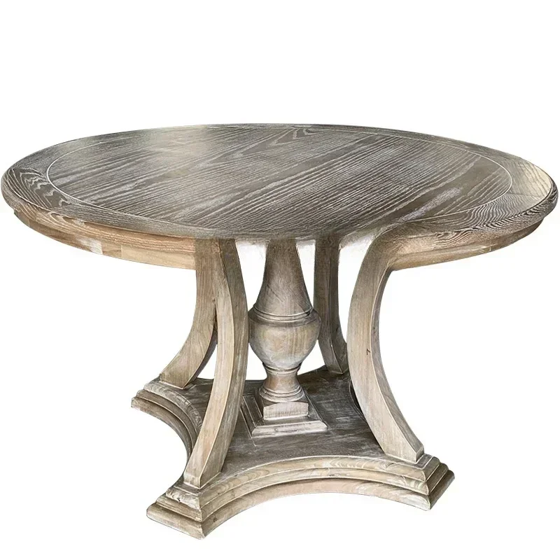 TT Solid wood round table French retro old Roman column dining table box banquet table