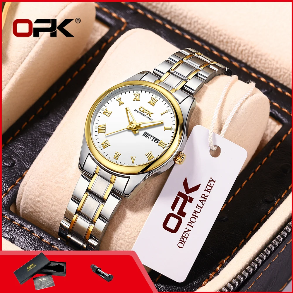 

OPK 8121 Quartz Watch for Women Waterproof Dual Calendar Stainless Steel Luminous Elegant Luxury Ladies Wristwatch Reloj Mujer
