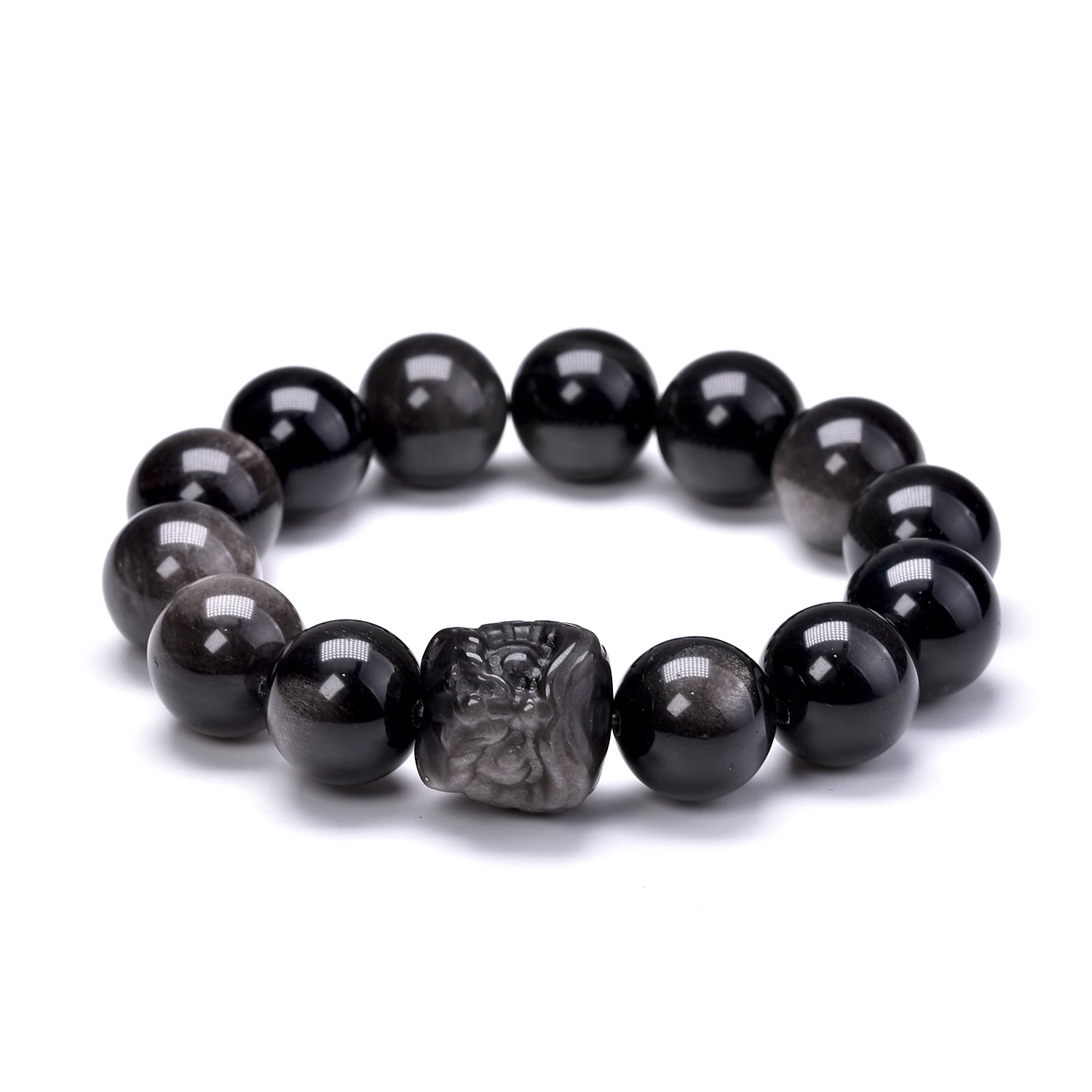 Natural Silver Colour Obsidian Bracelets For Men Large Beads 14mm Lucky Carved Brave suān ní to Ward Off Evil Spirits Animal