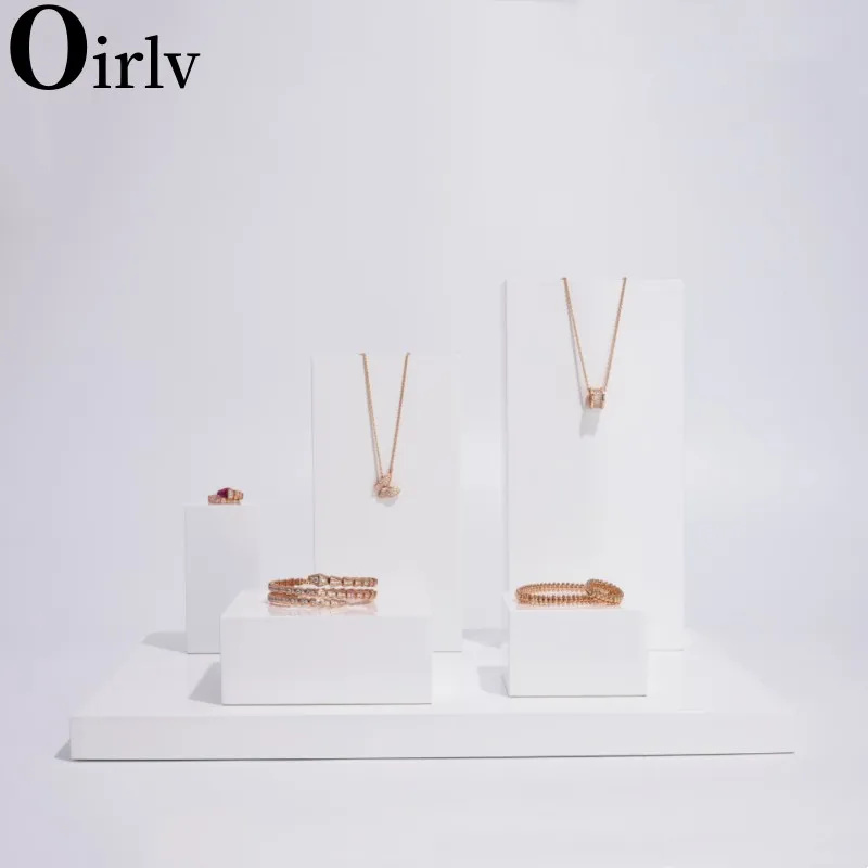 Oirlv White Gloss Lacquered Solid Wood Ring Bracelet Display Holder Earring Pendant Display Stand Jewelry Display Set