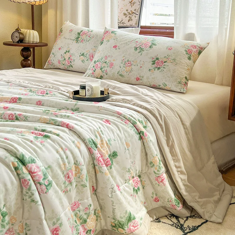 7A Antibacterial Double-Layer Yarn Summer Quilt Pastoral Printed Soybean Cooling Comforter Thin Bedspread for Children Adults