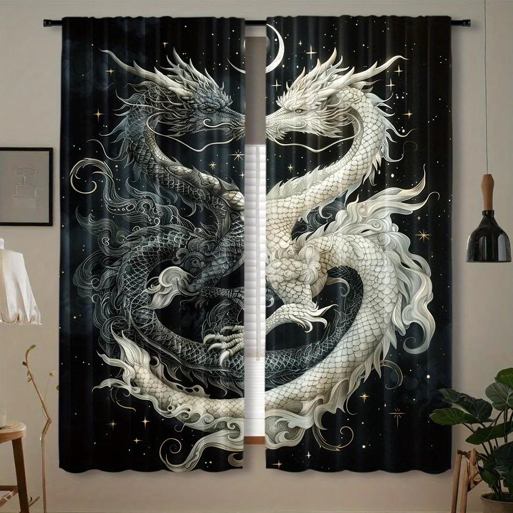 2pcs, Tai Chi Dragon Print Curtain for Home Decor, Rod Pocket Window, for Bedroom, Office, Kitchen, Living Room, And Study