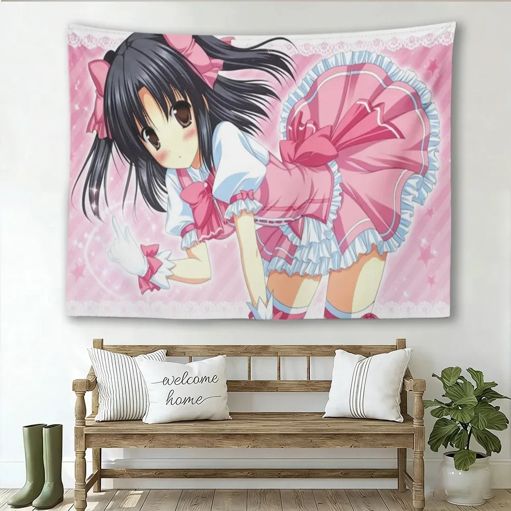 Sweet Pink Maid Black Short Twin Tail Anime Girl Wall Tapestry, Big Pink Bow Frilly Skirt Print Wall Hanging, Pink Stripe Star L