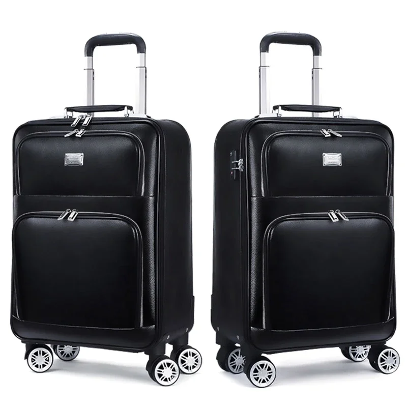 

Stylish Men's PU Leather Cabin Trolley Suitcase Rotating Brand Carrying Business Travel Bags Rolling Luggage on Wheels