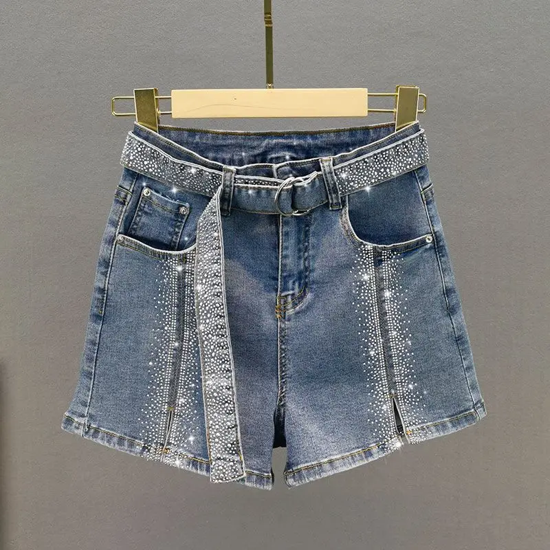 

Shiny Diamond High Waist Denim Shorts for Women's Summer Casual Split A-line Straight Leg Wide Leg Pants High Street Jeans Q888