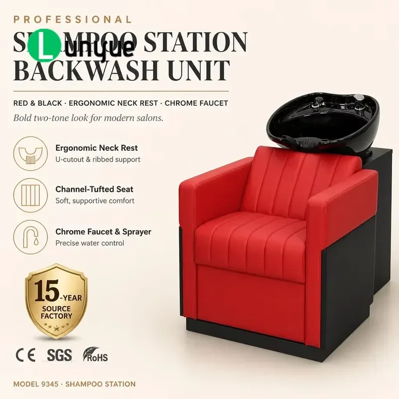 Ergonomic Shampoo Basin with Chrome Faucet and Neck Brace Red Black Equipment for Hair Washing Beauty Spa