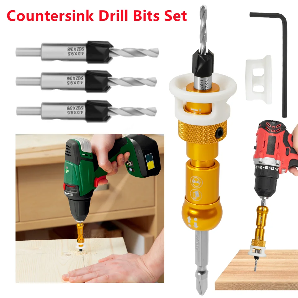 

5 шт., деревообрабатывающее ограничительное сверло с четырьмя краями, сверло из сплава, коническое сверло, регулируемая глубина, ступенчатое сверло, винт, сверло с зенковкой