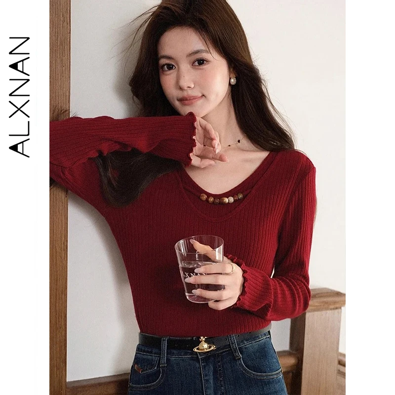 

ALXNAN Vintage Red Knitwear Fashion V-neck Beaded Design Long Sleeve Sweater 2025 Autumn Slim-fit Basic Women's Pullover L58510