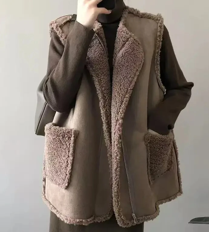 

Женский двусторонний жилет из искусственного меха и кожи, пальто без рукавов, свободный жилет в корейском стиле на осень-зиму