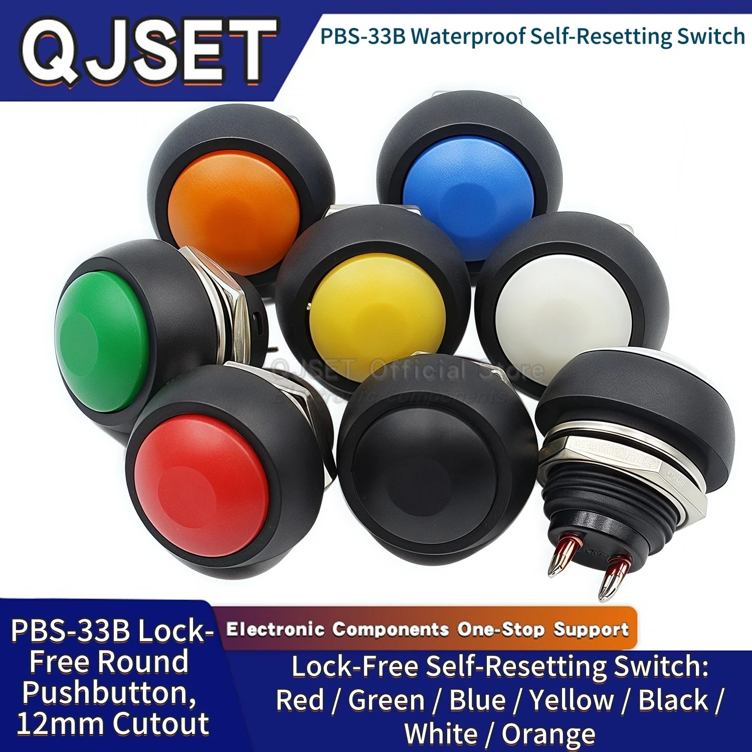 7pcs PBS-33B Kit  Mini Samll Plastic Push Button Round Head ON OFF Momentary Switch 2Pin 12mm Waterproof Power Reset Non-locking