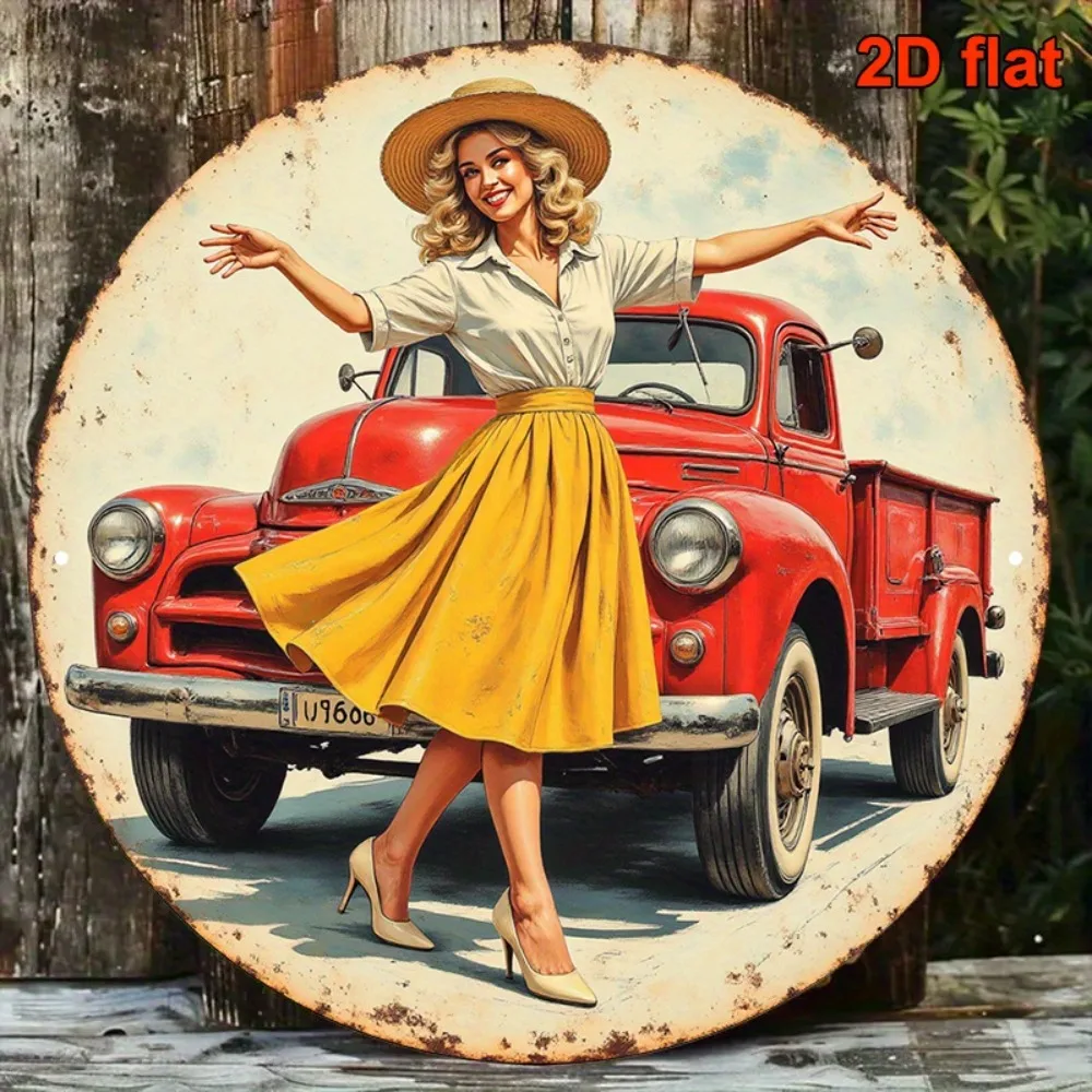 Vintage 1950er Jahre Klassisches LKW-Metallschild, 8x8 Zoll Runde Aluminium-Plakette Retro Americana Heimdekoration für Bar Café Garage