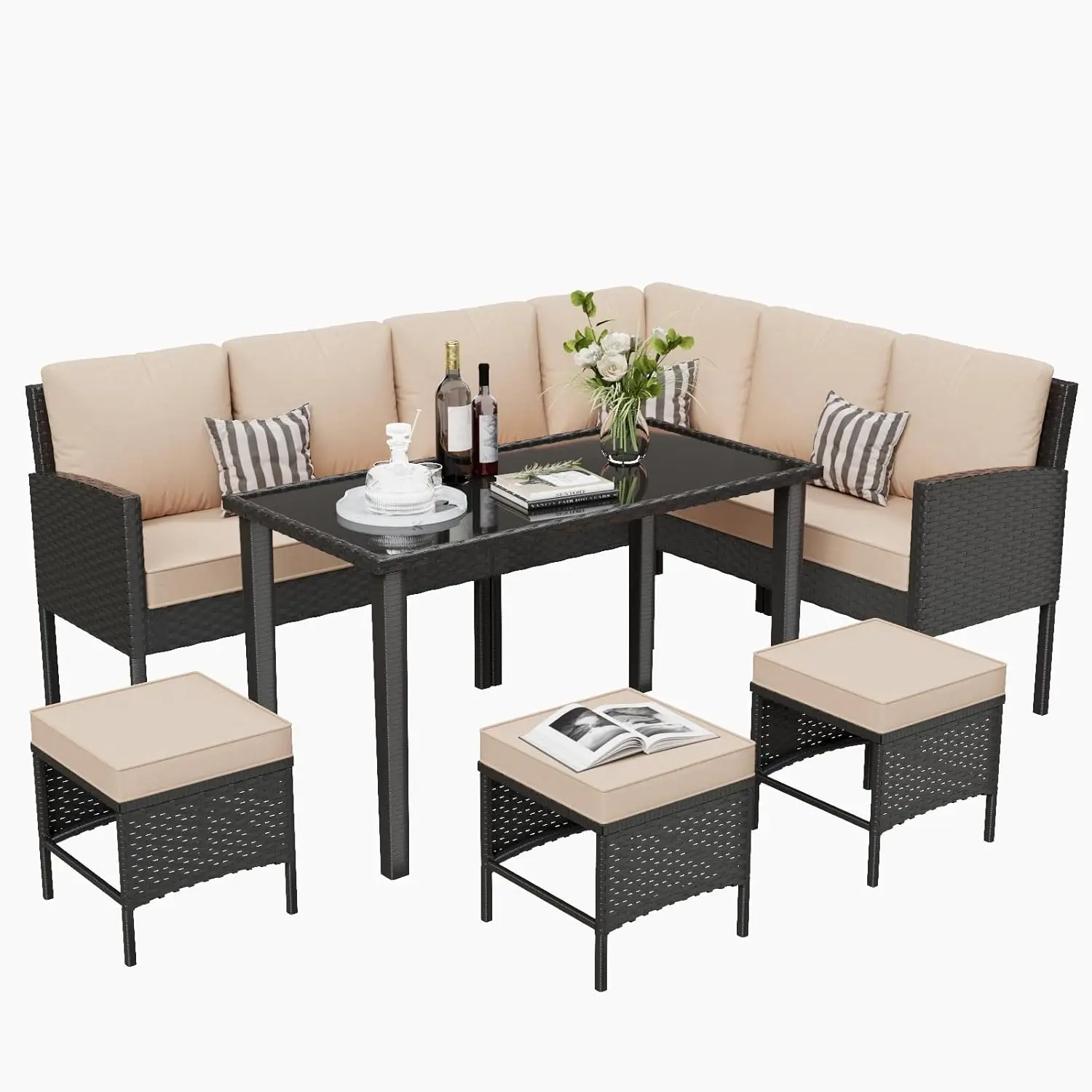 

7-Piece Outdoor Patio Furniture Set, Wicker Sectional Sofa With Seat & Back Cushions & 3 Pillows, All-Weather, Customized