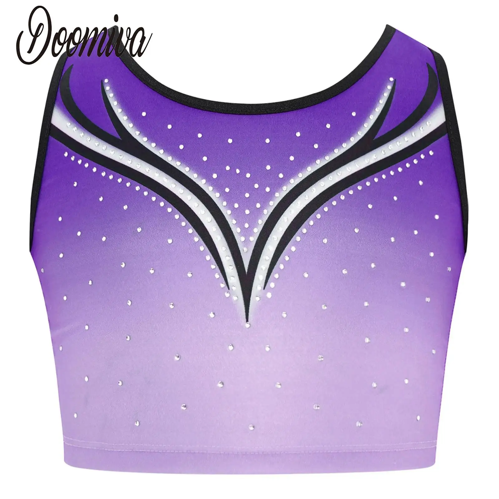 

Детский жилет для градиентных танцев для девочек, художественная гимнастика, балетные топы для современных танцев, укороченный топ без рукавов с круглым вырезом и блестящими стразами