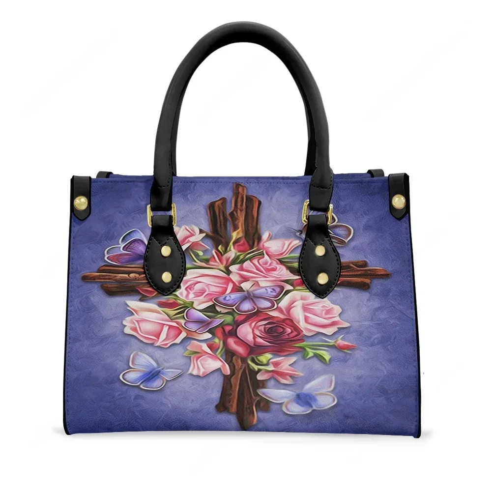 

Floral Cross Catholic Tote Bag Purse Womens Mens Personalized Text Image PU Leather Handbag Business Shopping Gift Bags