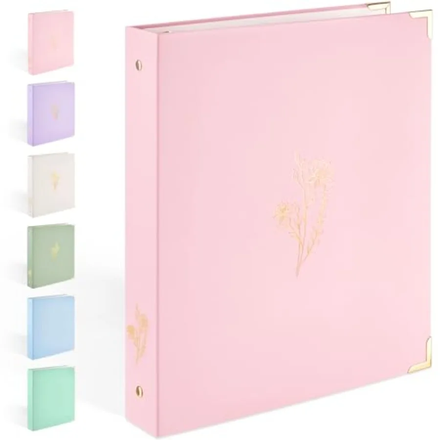 Carpeta de 3 anillas, bonitas carpetas de 1 pulgada con lámina dorada y esquinas metálicas, carpeta de recetas de tres anillas con bolsillo, compatible con papel de 8.5 x 11 pulgadas