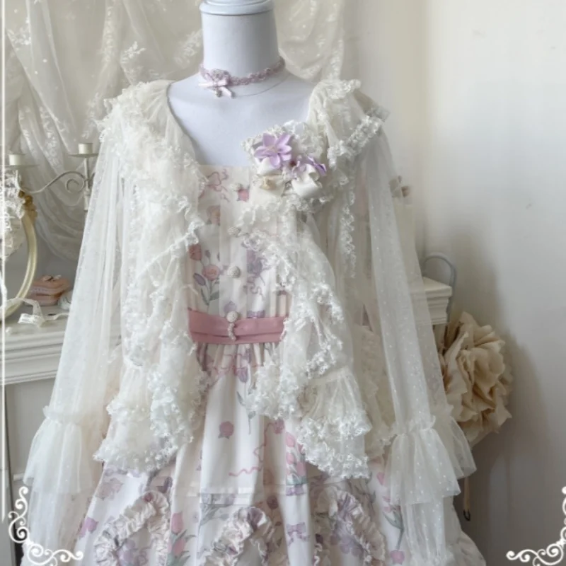 로리타 스윗 큐트 시스루 가디건 셔츠 여성용 레이스 러플 라운드넥 긴팔 탑 얇은 원사 카와이 소프트 블라우스 숄