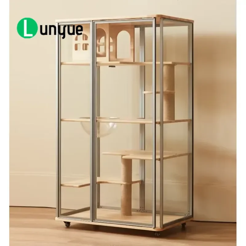 Luxury Solid Wood Modern Cat Villa Extra Large Indoor Panoramic Glass Pet House Multi Functional Integrated Bathroom