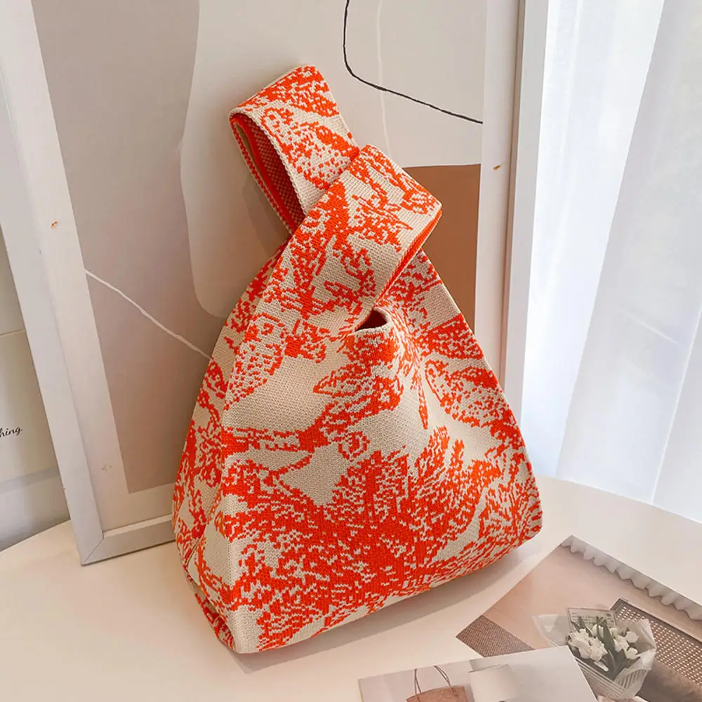 Bolsa de malha listrada artesanal para mulheres, bolsa de pulso mini nó, moda coreana, sacola versátil casual, sacolas de compras reutilizáveis, novas