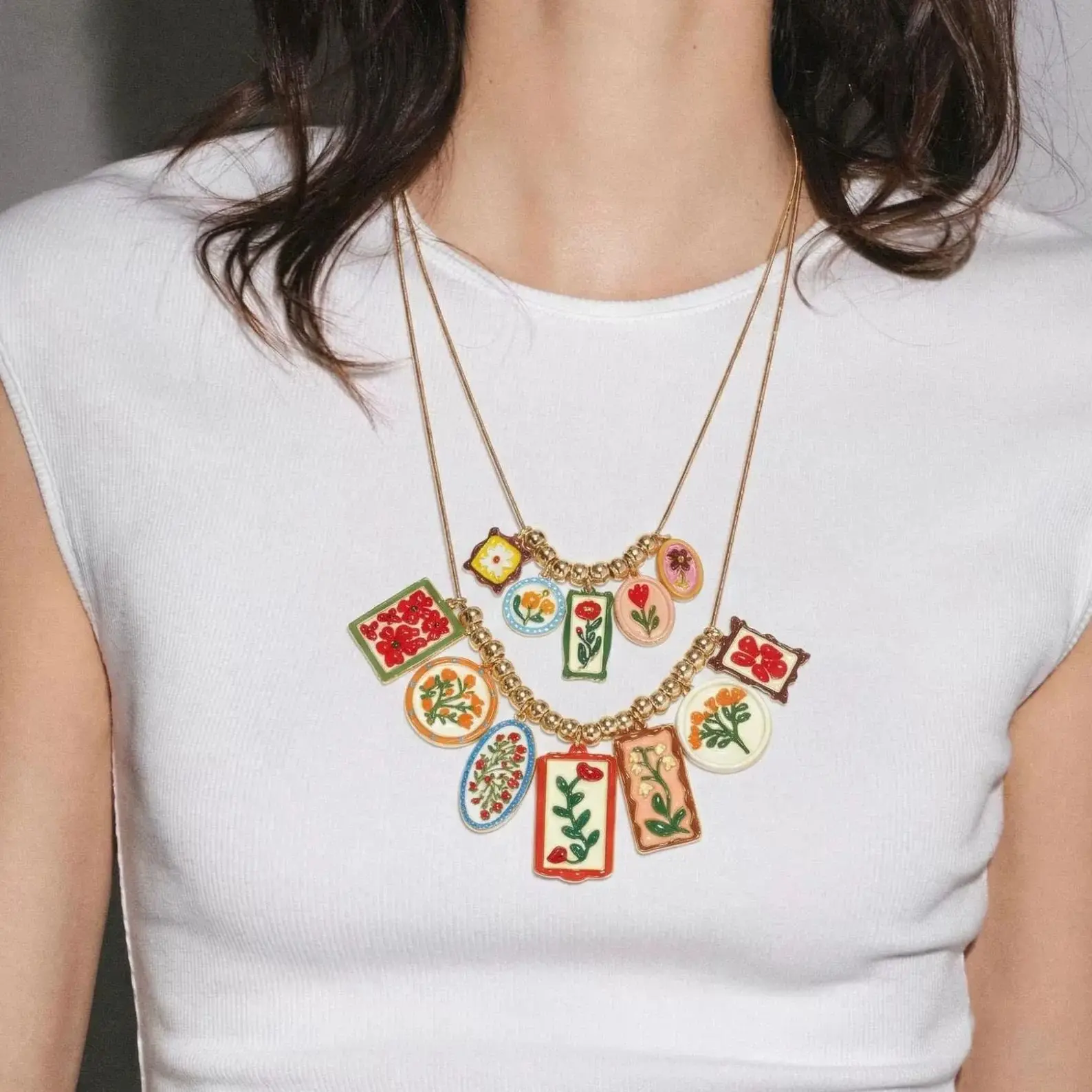 Dramatic Layered Necklace with Painted Floral Motifs  Unique and Fashionable Women's Collar Necklace  Gift NEW INS