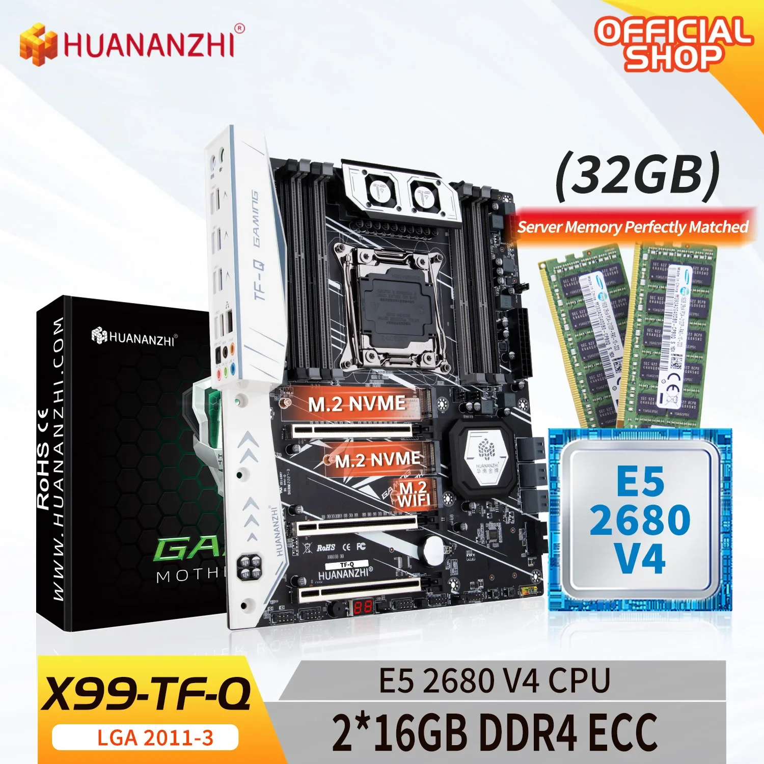 HUANANZHI X99 TF Q LGA 2011-3 Xeon X99 Motherboard Combo Kit with Intel Xeon E5 2680 V4 2 X 16GB DDR4 ECC Memory NVMe Support