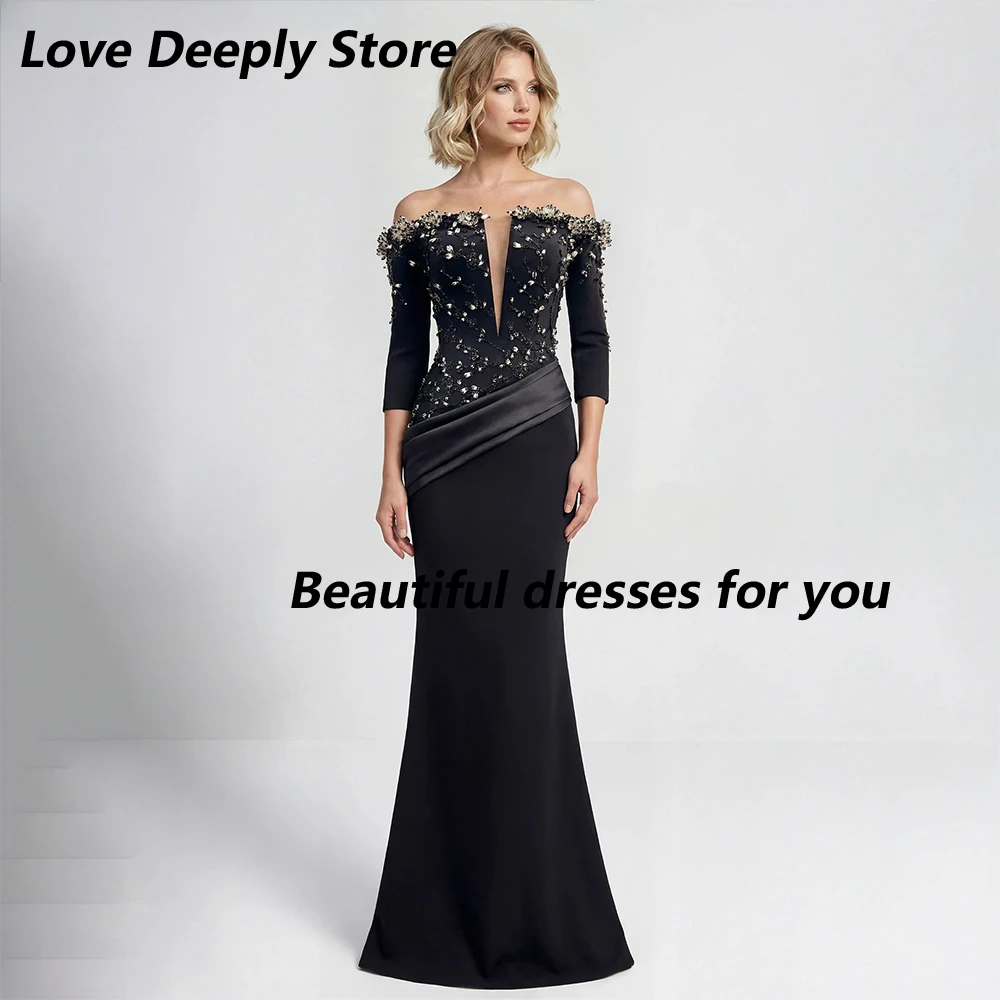 

Fashion Prom Dress Customized Boat Neck Half Sleeves Crystals Beading Floor Length Trumpet Special Occasion Saudi Evening Gown