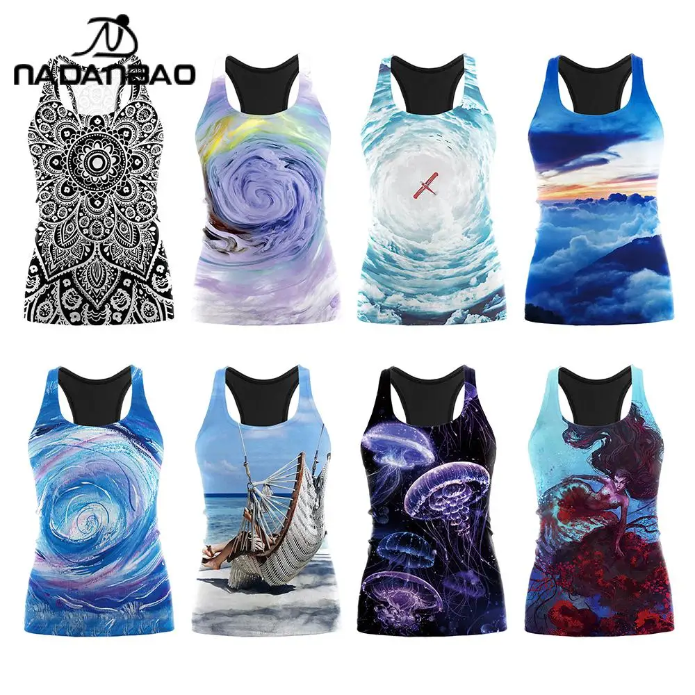 Nadanbao Natural Scenery 3D Print Stripe Tank Tops Women Funny White Non-Sleeved Tank Tops Comfort Casual Clothing