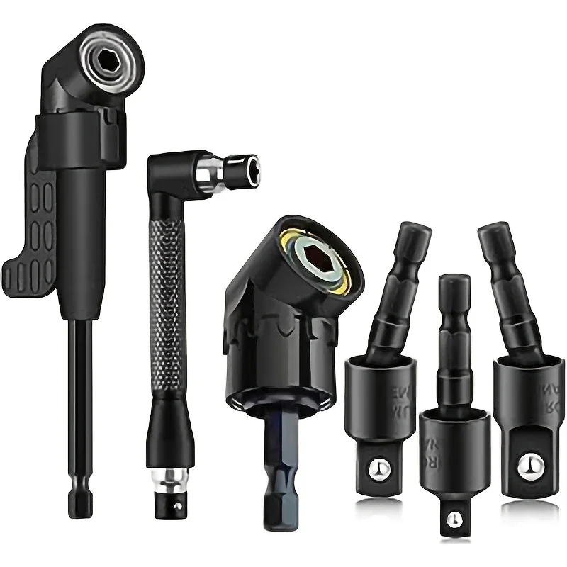 6PCS Flexible Drill Bit Extension Set 105° 90° Right Angle Adapter 1/4 3/8 1/2 Inch Impact Socket with 360° Rotatable Shaft for
