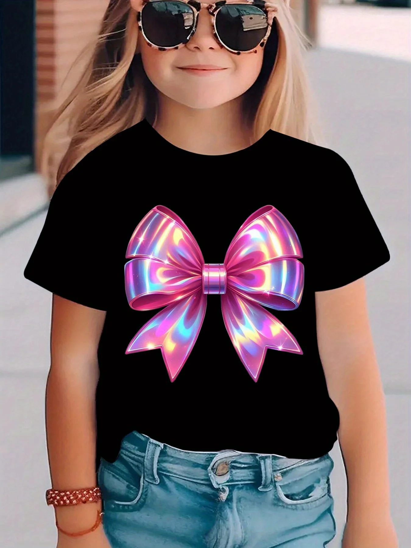 تي شيرت بناتي عصري بأكمام قصيرة، قميص كاجوال متعدد الاستخدامات مطبوع بنمط الفراشة، لطيف وغير رسمي. #1