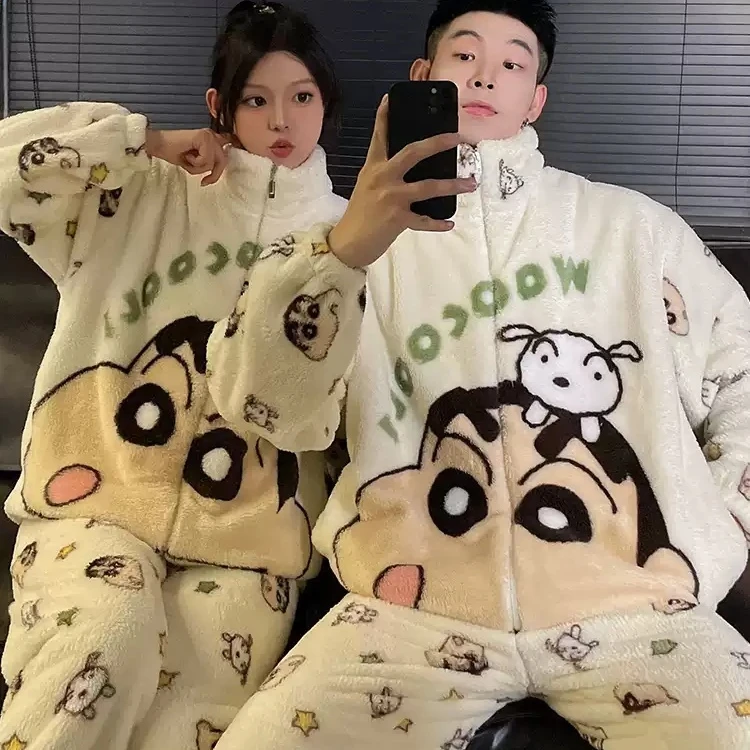 Crayon Shin-Chan Couples Pajamas Women'S Coral Thickened Velvet Warm Lovely Home Service Suit Autumn Winter Plush Pajamas Gift