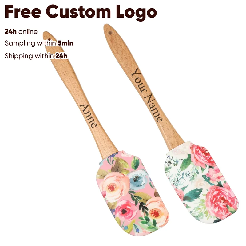 

1 шт., силиконовые шпатели с бесплатной гравировкой на заказ с деревянными ручками, шпатели для выпечки с цветочным узором, шпатель для крема и масла, инструмент для выпечки