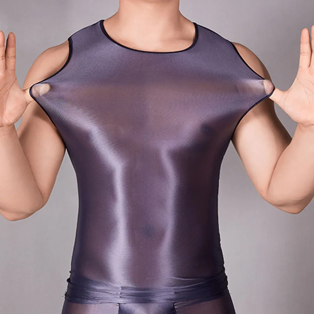Men's Sexy Undershirt Glossy Transparent Breathable Musle Tank Top Elastic Vest Sleeveless Sheer Fitness T-Shirts Clubwear Swimw
