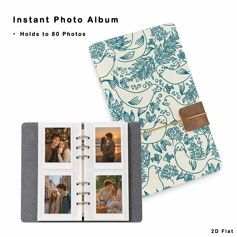 Cute Sea Lion Ocean‑Theme Instant Photo Album Holds 80 Photos 6‑Ring Binder Photo Book for Family Couple Wedding Memory Storage