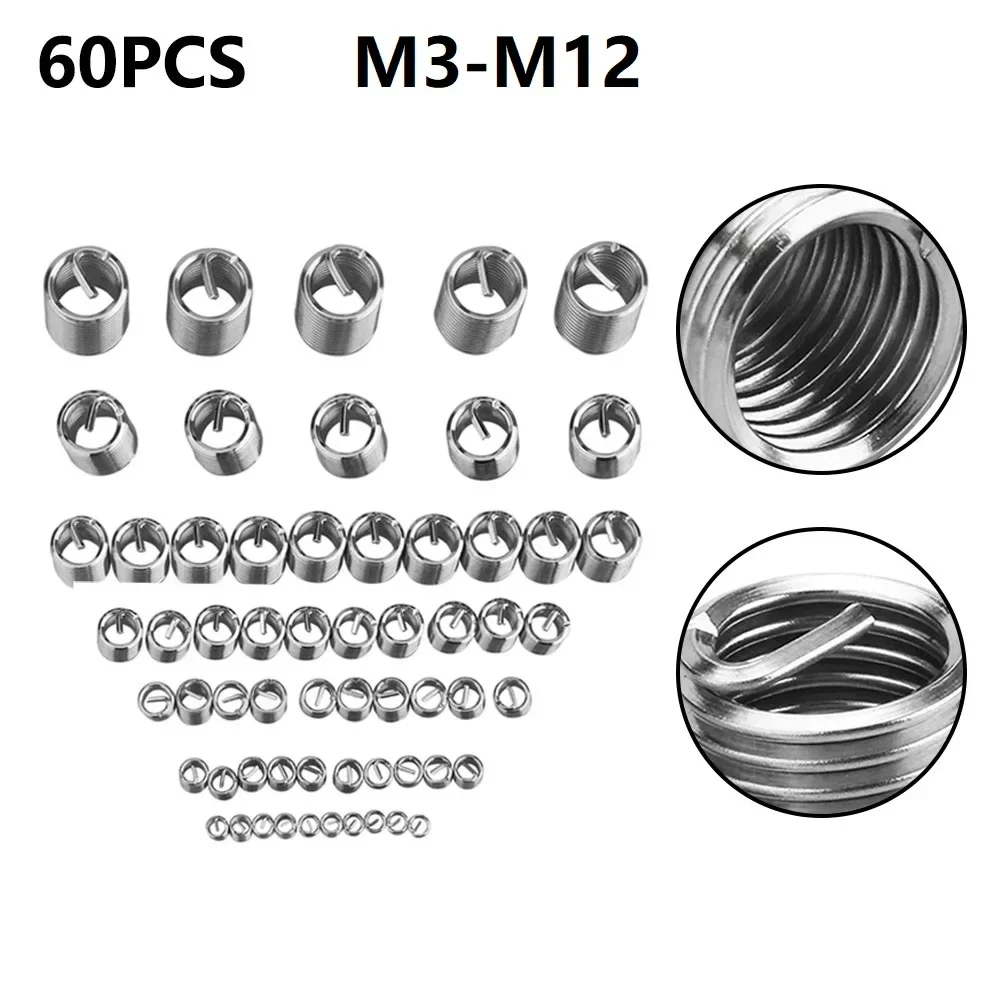 60pcs M3 304 Wire Thread Insert Repair Kit Screw Coiled Wire Helical Threaded Inserts Set Helicoil Thread Repair Tools