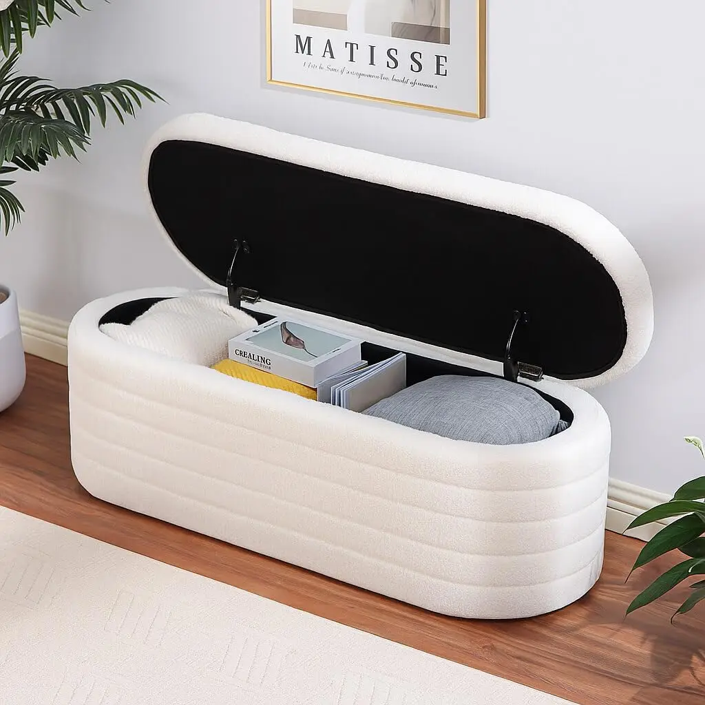 

Мягкая оттоманская скамейка для хранения с защитной петлей, овальная крышка для гостиной, спальни, конец кровати, белая по индивидуальному заказу