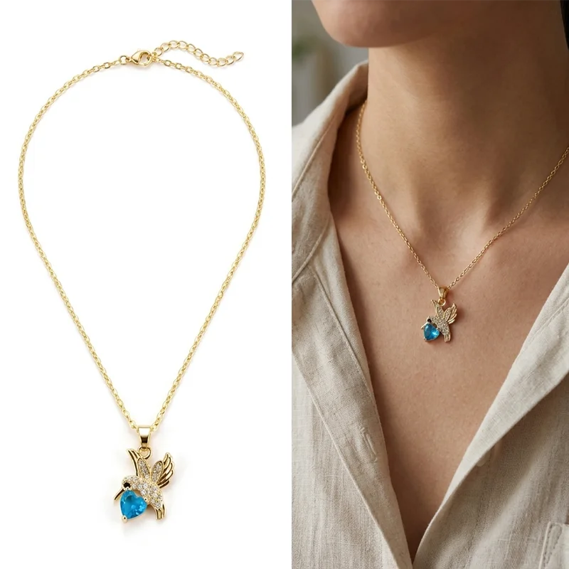 Hummingbird Pendant Necklace Nature Inspired Jewelry Thoughtful Gift for Her Christmas Mothers Day Women Blue Heart Accessory
