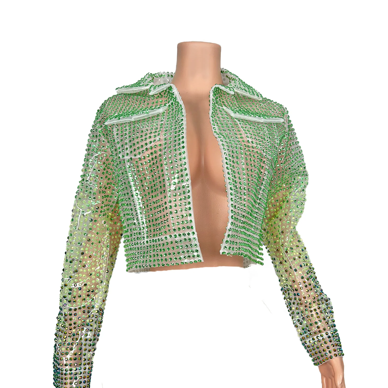 

Sparkly Crystals PVC Jacket for Women Open Stitch Crystal Coat Wedding Party Birthday Club Prom Costume Stage Outfit Lanjingling